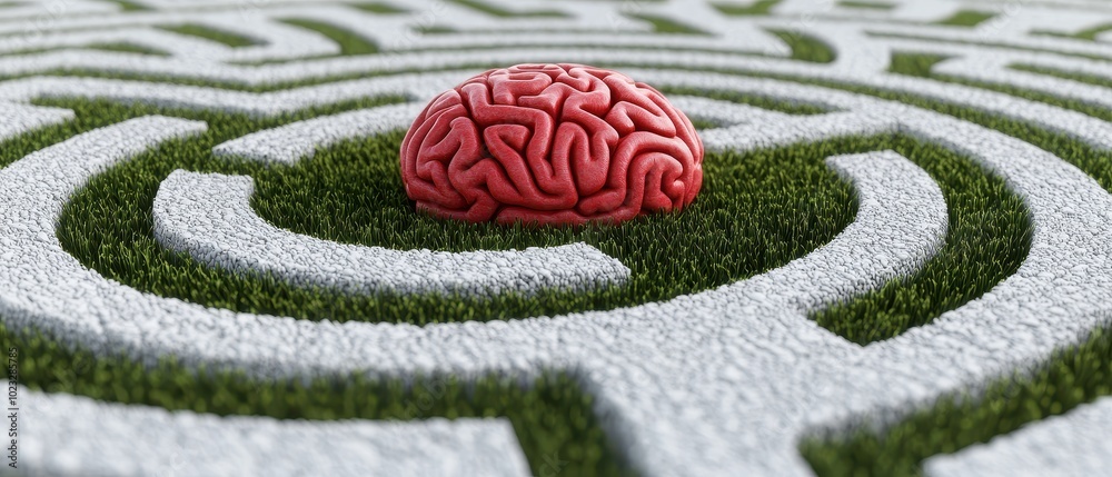 A red brain situated in the center of a white maze on green grass, symbolizing mental challenges and creativity. A red brain situated in the center of a white maze on green grass, symbolizing mental challenges and creativity.