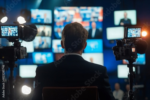 Man Sitting Before Multiple Screens in a Studio Setting