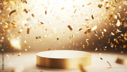 A captivating golden podium with sparkling confetti, ideal for celebrations, awards, or festive occasions. photo