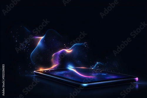 A captivating image of a tablet emitting vibrant light trails against a dark background, symbolizing digital innovation. photo