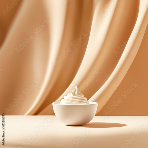 A creamy swirl of dessert topping in a minimalist bowl, set against a soft, warm backdrop of flowing fabric. photo