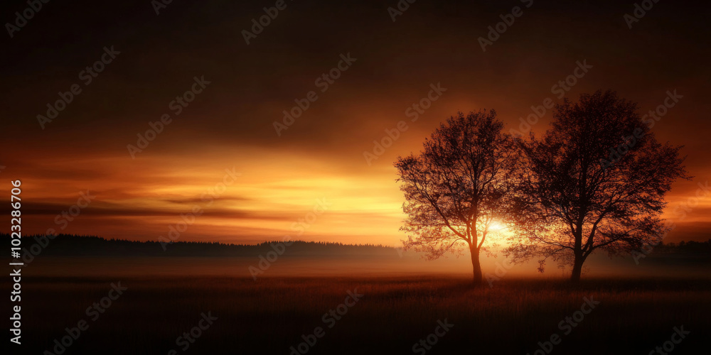 Fototapeta premium Serene sunset over a tranquil landscape with silhouetted trees on the horizon