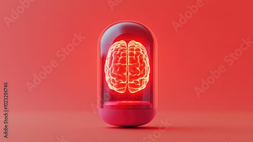 Conceptual 3D rendering of a glowing brain shaped supplement pill radiating vibrant nourishing rays showcasing the potential for brain enhancement mental performance photo