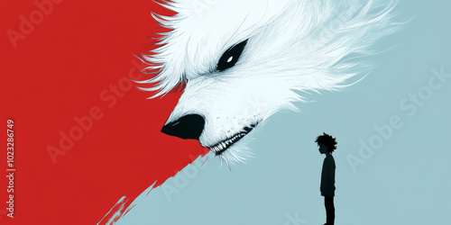 A young person stands before a giant white wolf painting on a vibrant red and blue background