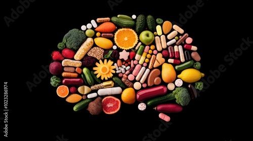 Silhouette of a brain made up of an assortment of fresh fruits  vegetables  and nutritional supplements
