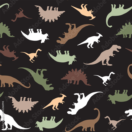 Seamless dinosaur silhouette pattern. Repeating vector print with a variety of species of dinosaurs in green and brown on a black background. Apparel textile pattern. Hand drawn illustration.
