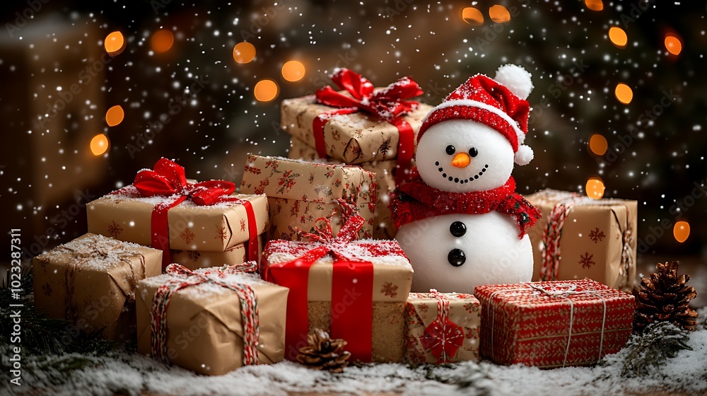 Serene Winter Landscape with Cartoon Snowman and Gifts Serene Winter Landscape with Cartoon Snowman and Gifts