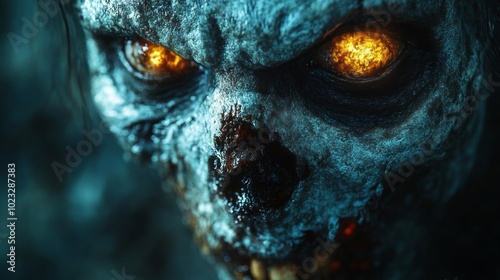 A zombie face with yellow eyes and a blue background