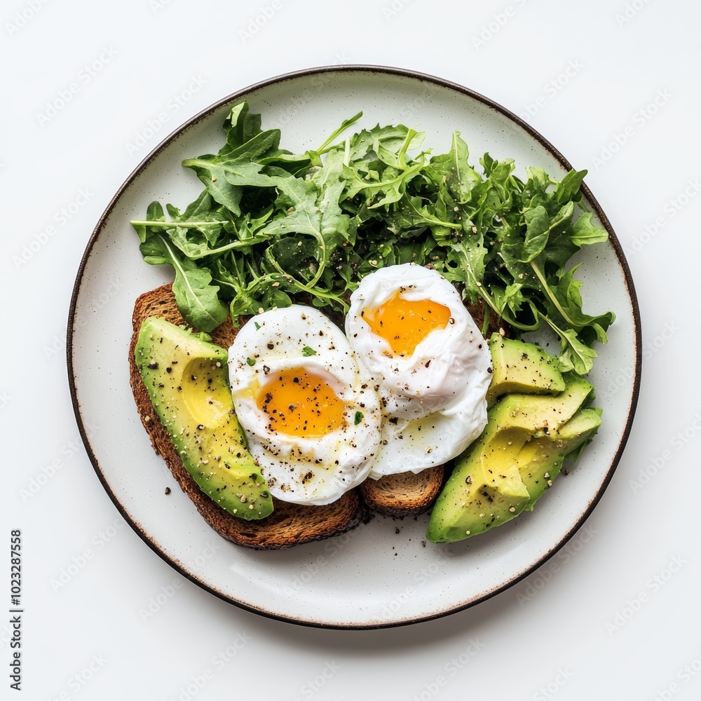 A minimal view of a breakfast plate with avocado toast, poached eggs, and a side of mixed greens, set against a clean white background A minimal view of a breakfast plate with avocado toast, poached eggs, and a side of mixed greens, set against a clean white background