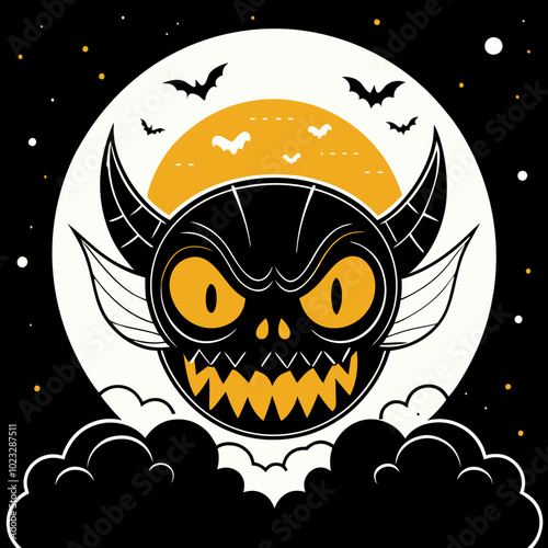 Evil skull with horns and wings under a Halloween moon in a spooky atmosphere
