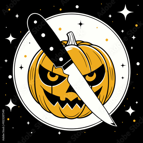 Pumpkin with a carving knife for Halloween celebration against a starry background

