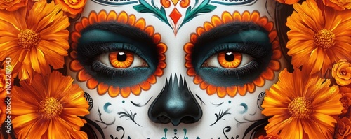 Colorful Day of the Dead skull design adorned with vibrant flowers, capturing the spirit of celebration and remembrance.