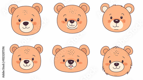 Set Bear card templates. Cute cartoon bear faces,paper art and digital craft style.