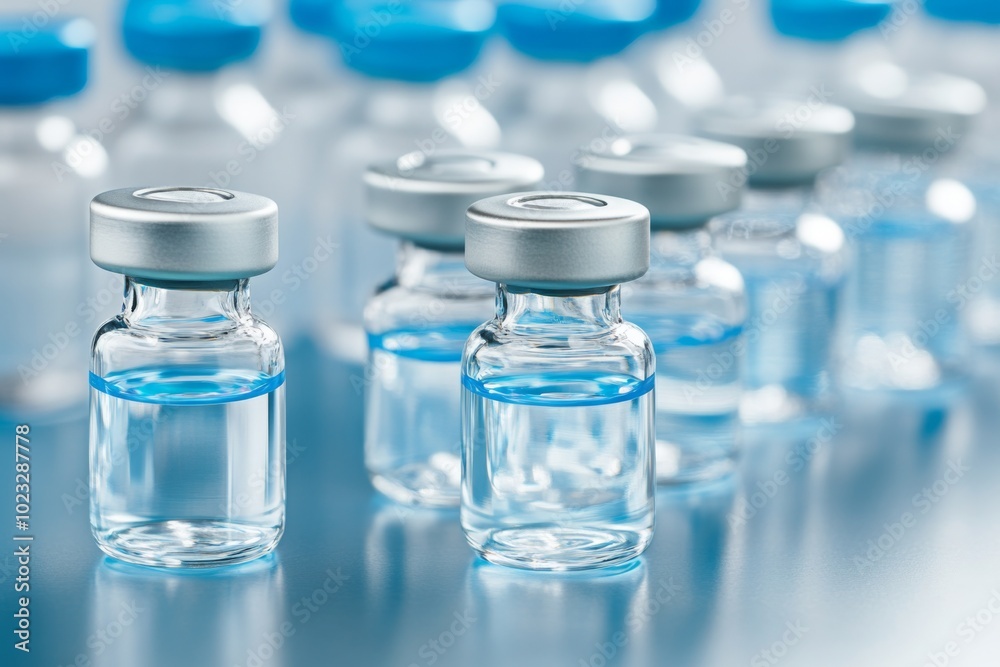 Glass Vials with Clear Liquid in a Row on a Blue Background Glass Vials with Clear Liquid in a Row on a Blue Background