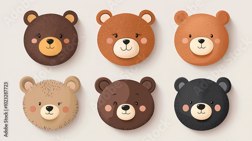 Set Bear card templates. Cute cartoon bear faces,paper art and digital craft style.