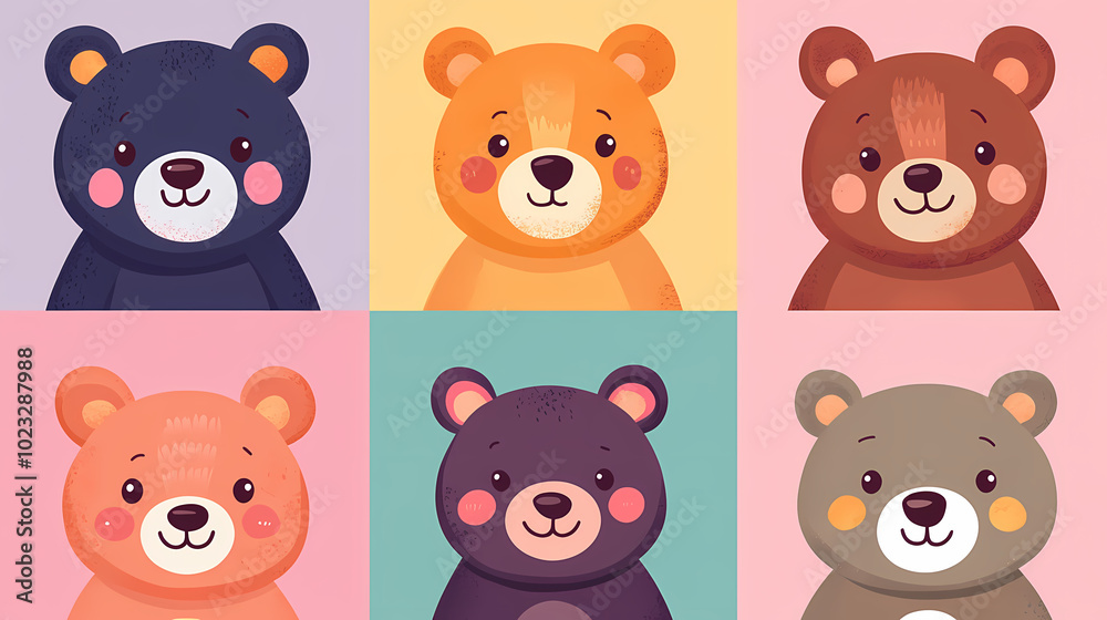 Fototapeta premium Set Bear card templates. Cute cartoon bear faces,paper art and digital craft style.