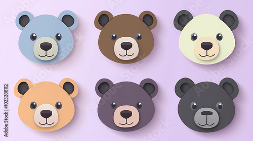 Set Bear card templates. Cute cartoon bear faces,paper art and digital craft style.