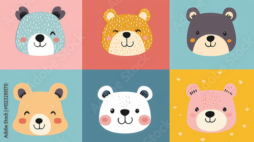 Set Bear card templates. Cute cartoon bear faces,paper art and digital craft style.