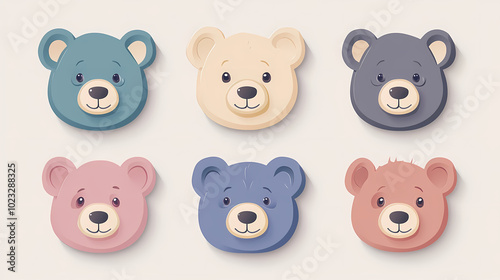 Set Bear card templates. Cute cartoon bear faces,paper art and digital craft style.