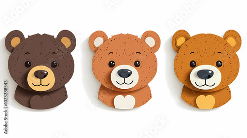 Set Bear card templates. Cute cartoon bear faces,paper art and digital craft style.