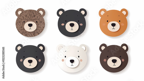 Set Bear card templates. Cute cartoon bear faces,paper art and digital craft style.