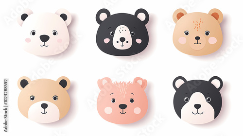 Set Bear card templates. Cute cartoon bear faces,paper art and digital craft style.