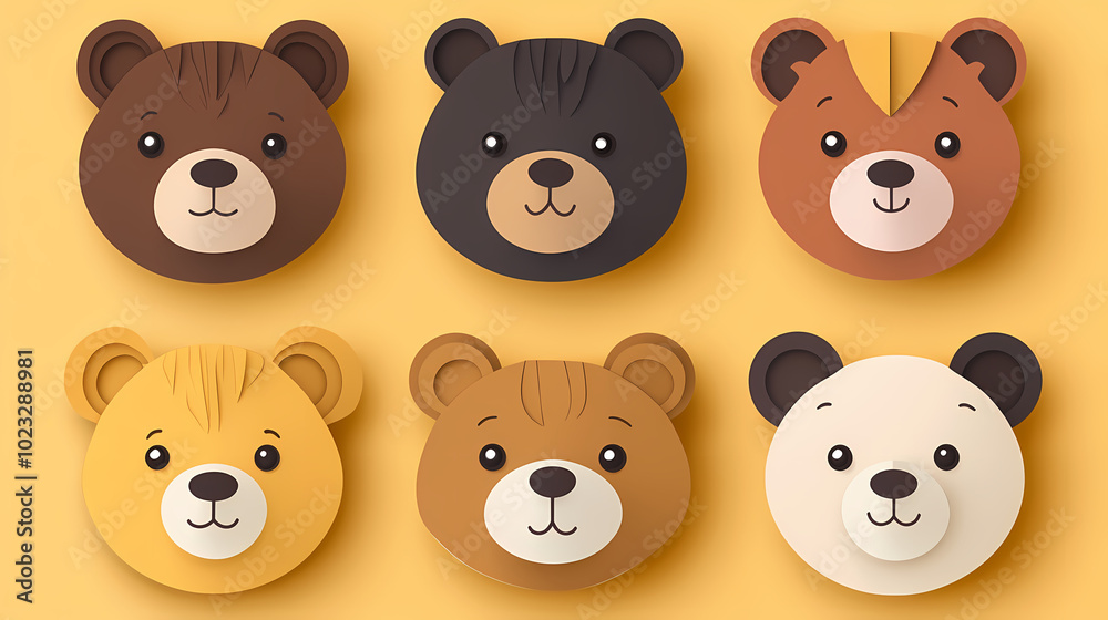 Fototapeta premium Set Bear card templates. Cute cartoon bear faces,paper art and digital craft style.