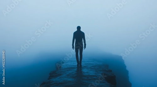 Принти на полотні Blindfolded figure walking toward a cliff edge, uncertain steps and outstretched