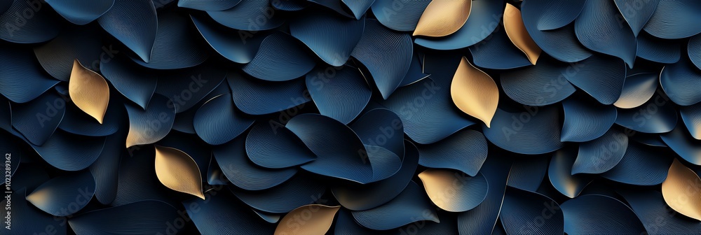Obraz premium Abstract design featuring layered petals in deep navy and gold, perfect for modern backgrounds and artistic concepts.