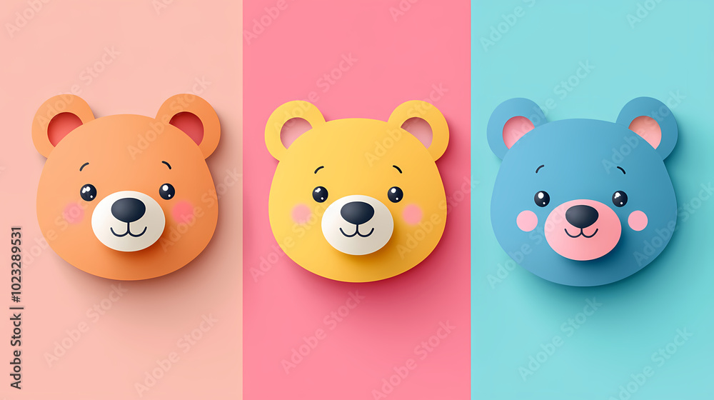 Set Bear card templates. Cute cartoon bear faces,paper art and digital craft style. Set Bear card templates. Cute cartoon bear faces,paper art and digital craft style.