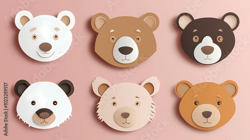 Set Bear card templates. Cute cartoon bear faces,paper art and digital craft style.