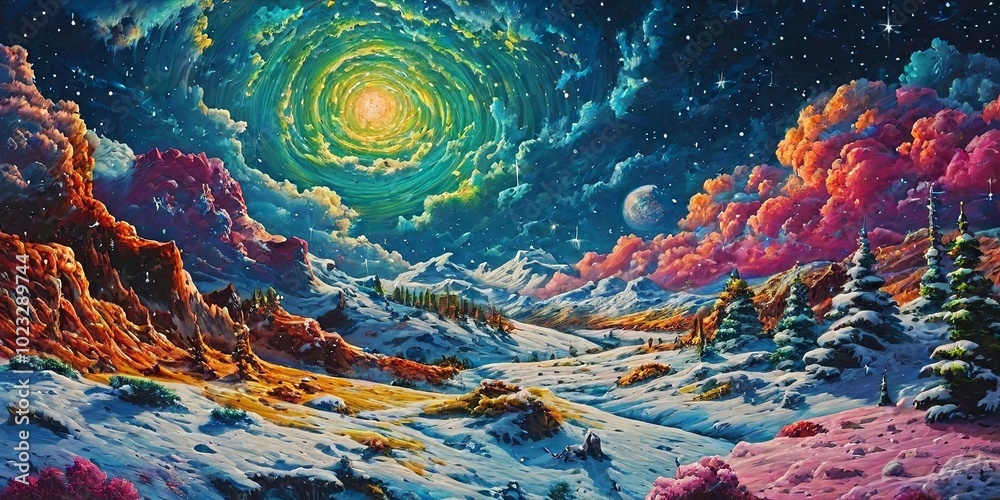 Naklejka premium A painting of a snowy landscape with a bright yellow sun in the center