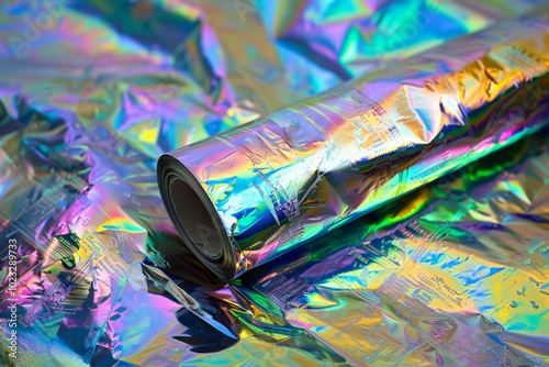 A textured roll of holographic foil unfolds, showcasing a mesmerizing play of rainbow hues with reflective surfaces