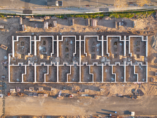 Top down of a concrete foundation of multifamily housing