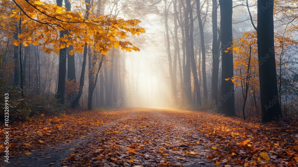 Fototapeta premium fallen autumn leaves scattered across a misty forest path, morning fog, mystical atmosphere