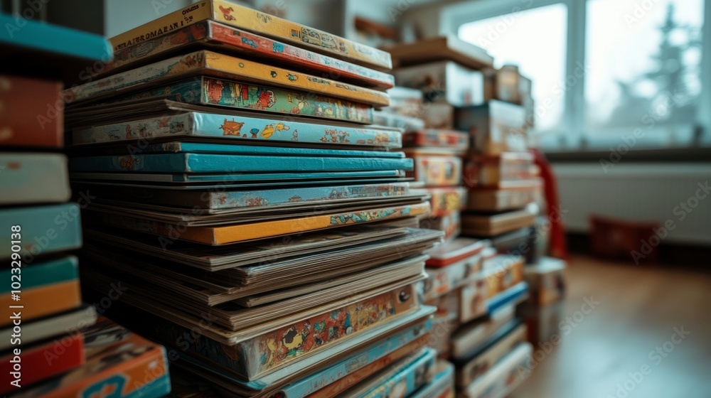 Dust-covered stack of unused board games and toys in the attic, representing unnecessary purchases and forgotten hobbies Dust-covered stack of unused board games and toys in the attic, representing unnecessary purchases and forgotten hobbies