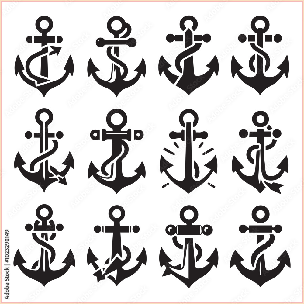 Set of sea anchor symbol set isolated anchor with a heart charm on white background vector illustration Set of sea anchor symbol set isolated anchor with a heart charm on white background vector illustration