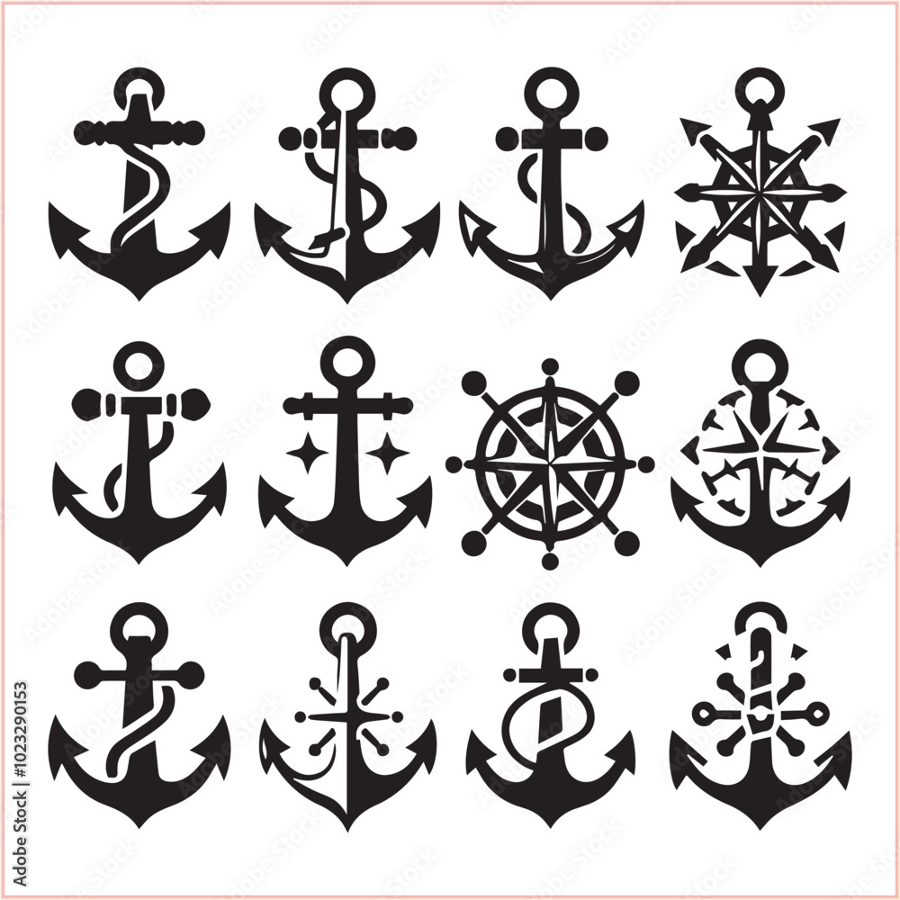 Set of sea anchor symbol set isolated anchor with a heart charm on white background vector illustration Set of sea anchor symbol set isolated anchor with a heart charm on white background vector illustration