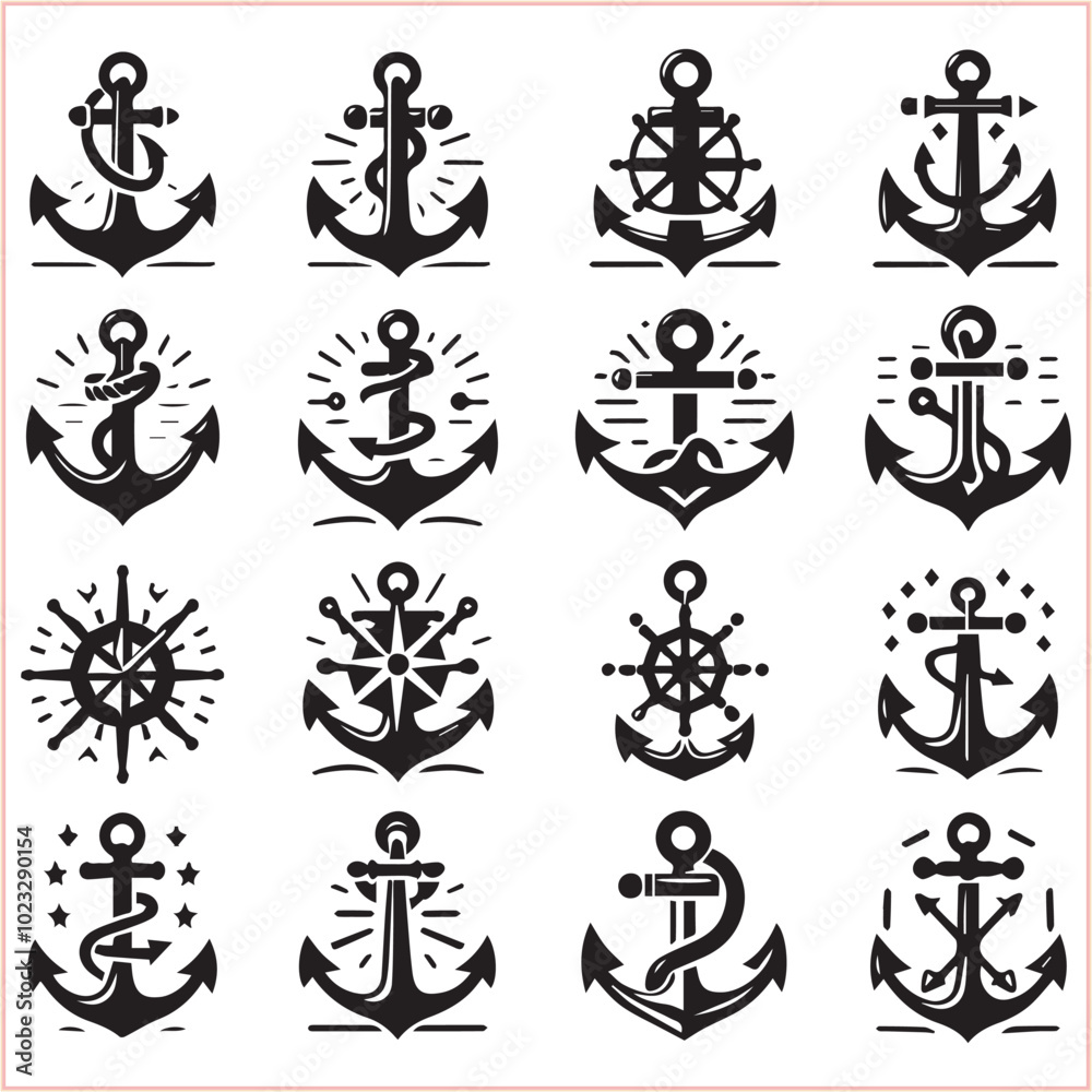 Set of sea anchor symbol set isolated anchor with a heart charm on white background vector illustration Set of sea anchor symbol set isolated anchor with a heart charm on white background vector illustration