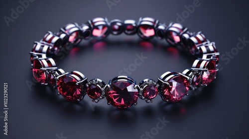 Closeup of an elegant and luxurious bejeweled bracelet accessory adorned with sparkling ruby and amethyst gemstones set against a dark dramatic studio background  The premium photo