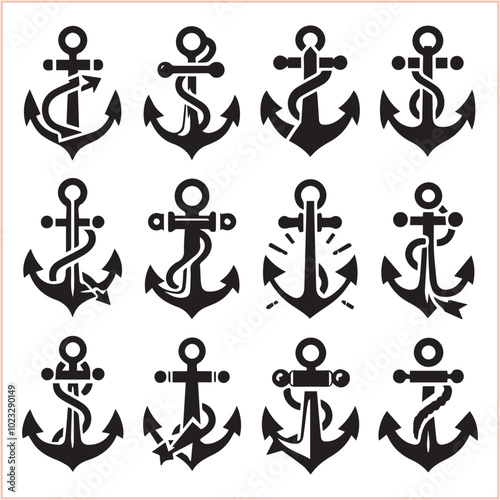 Set of sea anchor symbol set isolated anchor with a heart charm on white background vector illustration