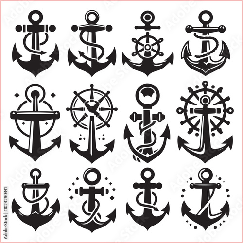 Set of sea anchor symbol set isolated anchor with a heart charm on white background vector illustration