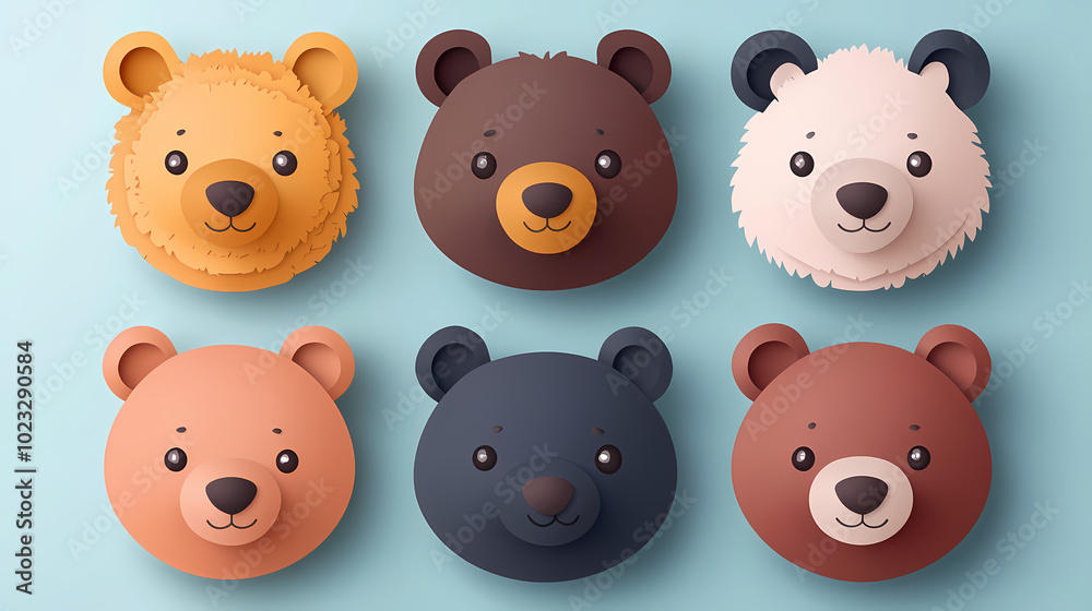 Obraz premium Set Bear card templates. Cute cartoon bear faces,paper art and digital craft style.