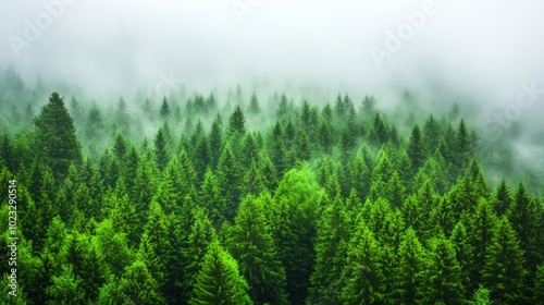 Forest covered in smog, green trees barely visible through dense gray haze, suffocating atmosphere, environmental destruction theme 