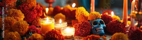 Vibrant altar arrangement with marigolds, candles, and a decorative skull for celebration and remembrance.