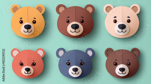 Set Bear card templates. Cute cartoon bear faces,paper art and digital craft style.