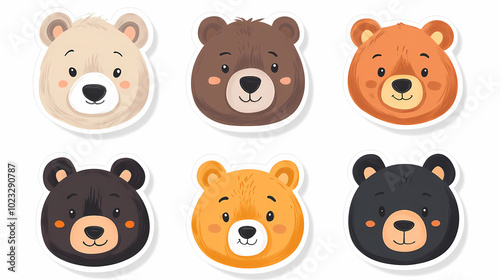 Set Bear card templates. Cute cartoon bear faces,paper art and digital craft style.