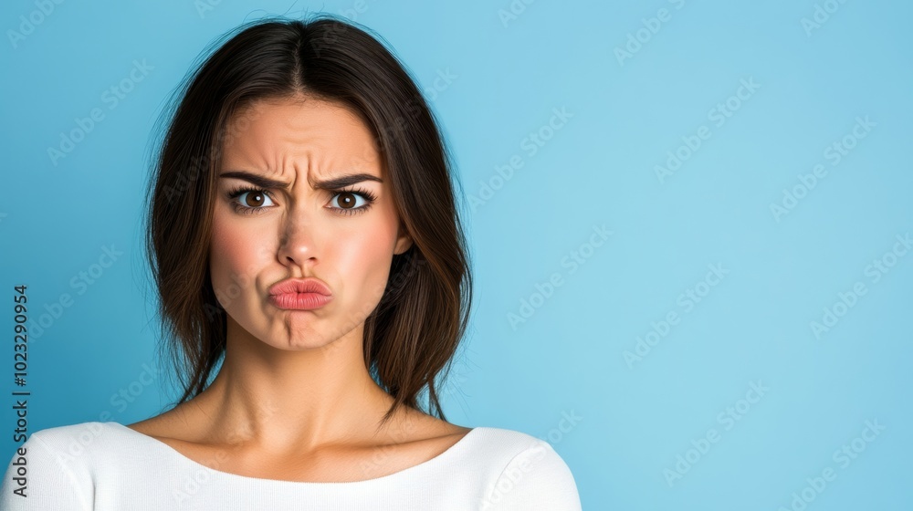 Irritated young woman biting her lip, raising one eyebrow in frustration, isolated on a cool blue-to-gray gradient background Irritated young woman biting her lip, raising one eyebrow in frustration, isolated on a cool blue-to-gray gradient background
