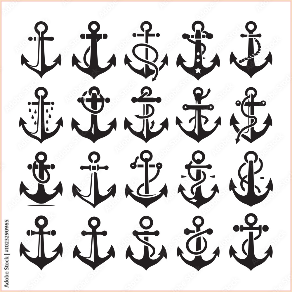 Set of sea anchor symbol set isolated anchor with a heart charm on white background vector illustration Set of sea anchor symbol set isolated anchor with a heart charm on white background vector illustration