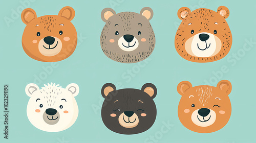 Set Bear card templates. Cute cartoon bear faces,paper art and digital craft style.